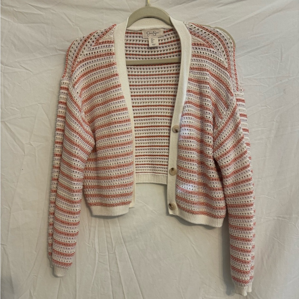 Light Pink and Orange 100% Cotton Striped Cropped Cardigan - Size Large